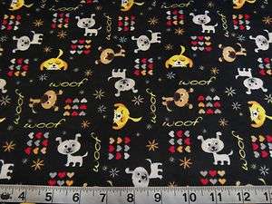 WOOF WOOF DOG ALLOVER BLACK COTTON FLANNEL FABRIC PUPPY HEARTS YARD 