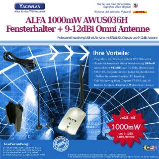 WLAN USB Karte Alfa AWUS036H 1000mW 9 12dBi Antenne  