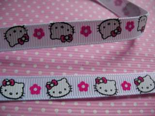 One Roll* 50y Hello Kitty w/Hot Pink Bow 3/8 Grosgrain Ribbon White 