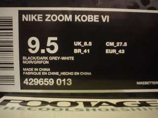 Nike Zoom KOBE BRYANT VI 6 BLACK DARK CHARCOAL GREY WHITE DS NEW Sz 9 