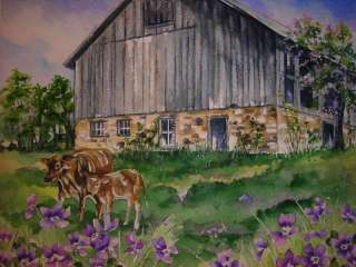 Barn Farm Cow Violet Country scene Landscape print  
