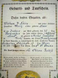 1861 antique FRAKTUR baptism cert KLEIN millersburg pa  