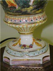 Antique Capodimonte Majolica Italian Pottery Lamp Double Ornate Brass 