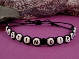 JUSTIN BIEBER Black Hemp Bracelet Personalised Letter Bead Handmade 