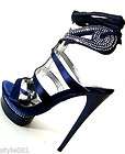 Sandali gioiello strass raso blu notte tacco alto 13 cm lacci alla 