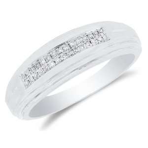 Silver Plated in White Gold Rhodium Diamond Two Rows MENS Wedding Band 