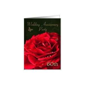 60th Anniversary Party Invitation. Red rose and golden butterflies 