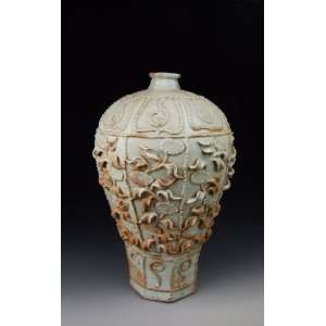 Porcelain Plum Vase With Basso relievo Flower Pattern, Chinese Antique 