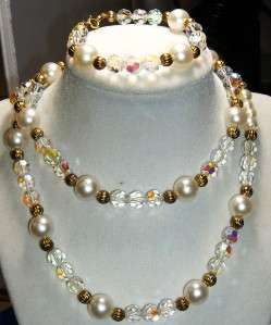 Vntg Aurora Borealis Crystal Fx Pearl Necklace Bracelet  