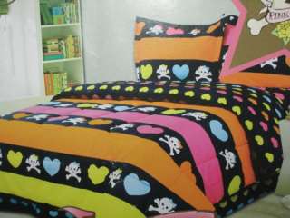   Pink HEARTS SKULLS CROSSBONES Twin XL Comforter BED SHEET SET Bedding