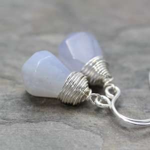 Blue Chalcedony Faceted Briolette Sterling Silver Wire Wrapped Drop 