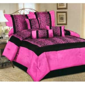   Flocking Leopard Satin Comforter Set Bedding in a bag, Pink   Queen