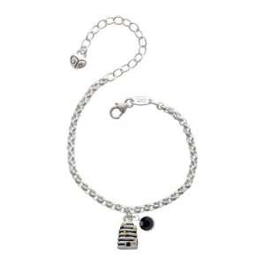 Small Beehive with 4 Bees Silver Plated Brass Charm Bracelet with Jet 