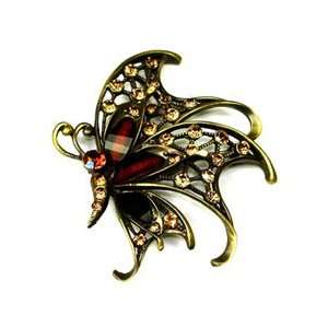   Yellow Austrian Rhinestone Butterfly Brass Tone Brooch Pin Jewelry