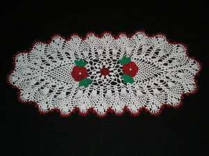 New Hand Crochet Doily Christmas Holiday Red Rose & Pineapple 18.5 