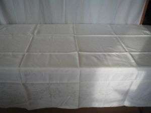 Nice Ivory Damask Linen Tablecloth Floral Pattern LOOK!  