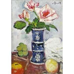 Pink Roses In a Chinese Blue and White Gu Shaped Vase by George leslie 