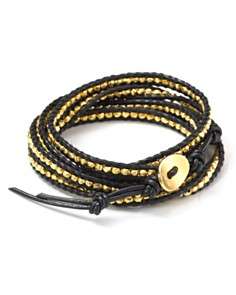 Chan Luu Black Leather Wrap Bracelet with Gold Nuggets, 32