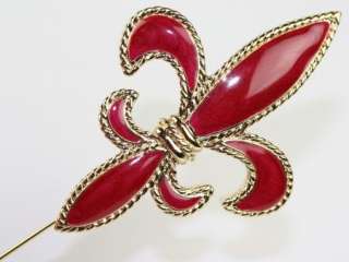 Huge Red Enamel Signed Trifari Fleur de Lis Stick Pin  