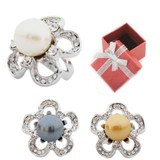 White Gold Plated 13mm Faux Pearl Flower Cocktail Ring  