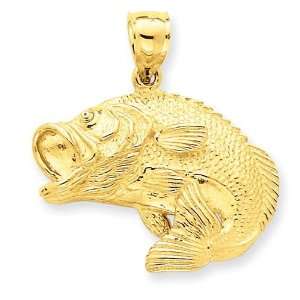  Bass Fish Jumping Pendant in 14k Yellow Gold Jewelry