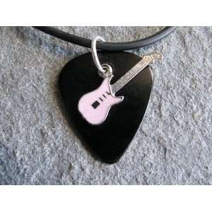 Guitar Pick Necklace with Pink Electric Guitar Charm on Black Guitar 