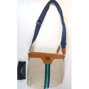   Logo Crossbody Handbag (Beige/brown with Navy/green Stripe): Beauty