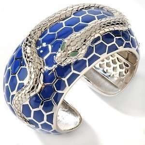  Sterling Silver Enamel Snake Cuff Bracelet with Emeralds 
