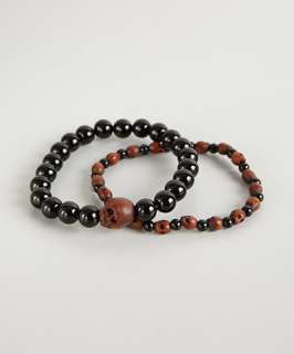 Chan Luu Set of 2  black glass bead and wood skull stretch bracelets