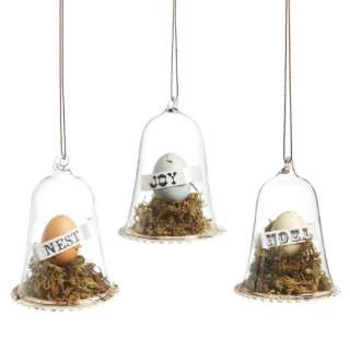 Set 3 Glass Cloche Bird Nest Egg Christmas Ornament  