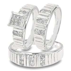 Princess Cut Diamond Trio Matching Ring Set 10K White Gold Three Ring 