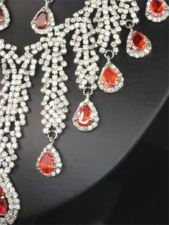   Bridesmaids Diamante Red Crystals Necklace Earrings Set Prom 256