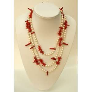  Pearl Necklace w/Semi precious Stone Dyed Red Coral in 70 