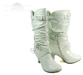 NEW FASHION WOMENS TALL FAUX LEATHER HIGH HEEL BUCKLE ZIP UP BOOTS 