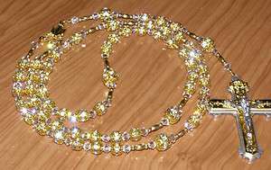   Swarovski Crystal Gold Rhinestone Mens Rosary Prayer Cross Necklace