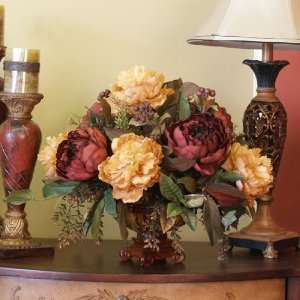  Burgandy and Gold Peony Silk Arrangement in Bamboo Bowl 