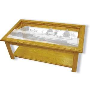 Solid Oak Coffee Table with Etched Glass Elk Top Rectangle:  