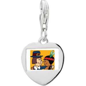 925 Sterling Silver Thanksgiving Pilgrim Indian Couple Photo Heart 