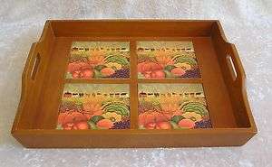 Fall Harvest Ceramic Tiles in Wood Serving Tray  